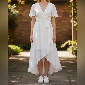 Gorgeous Classy White Wrap Dress – Flowy High-Low Hem – Elegant & Versatile